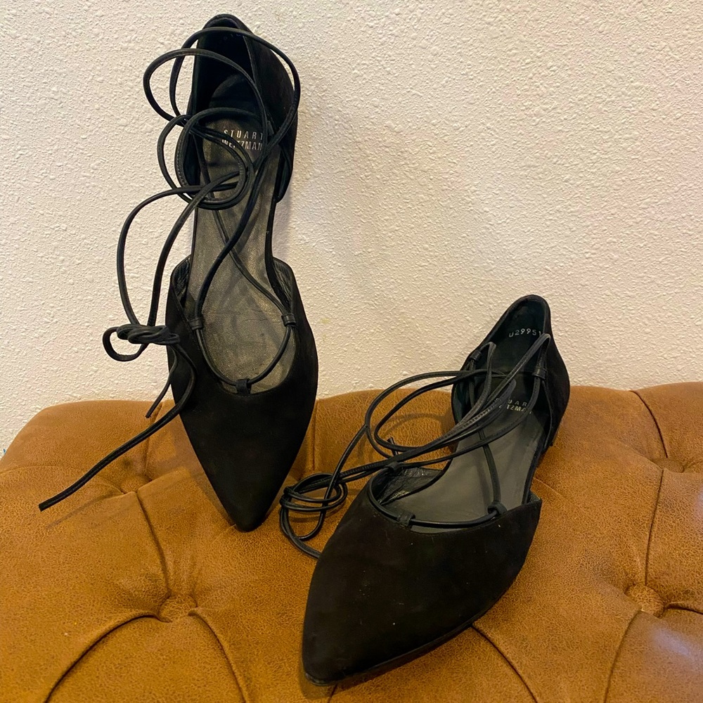 Stuart Weitzman Gilligan Black Suede Lace Up Pointed Toe Slip On Flats 10.5